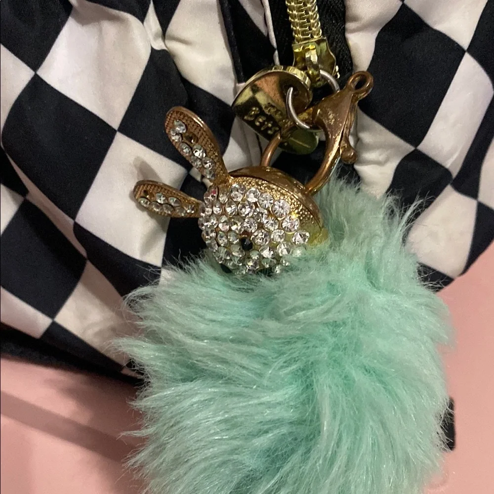 Betsey Johnson Black & White Diamond-Print Backpack with Mint Pom Charm